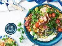 Cumin-spiced lamb with eggplant and freekeh salad