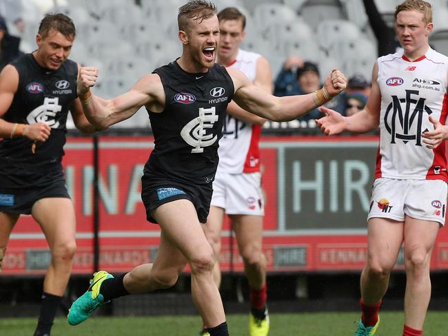 Nick Graham celebrates a goal for Carlton. Picture: Wayne Ludbey