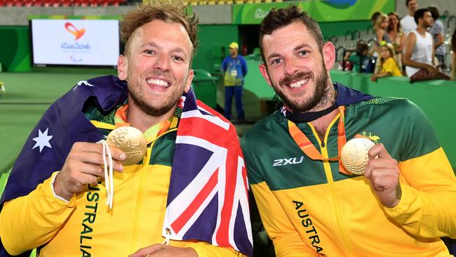 Paralympic tennis players Dylan Alcott and Heath Davidson. Picture: Sport the library/ Courtney Crow