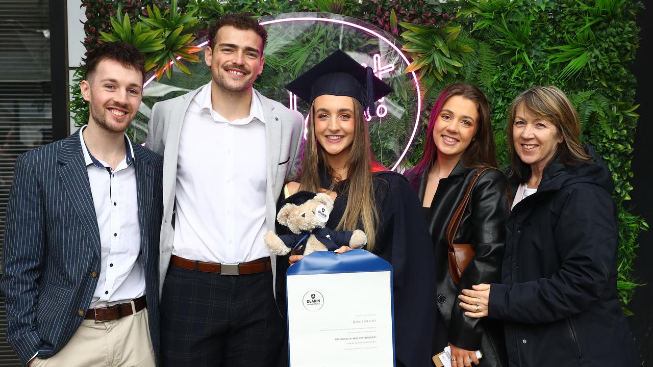 Deakin graduate Jessica Speight with brother Josh, boyfriend Tom Berman, sister Jamie and Mum Fran. Picture: Alison Wynd