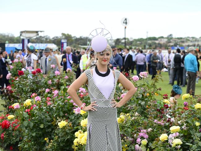 Kristy Mackellar all dressed up at Flemington Racecourse on Melbourne Cup Day 2014. Picture: Stephen Harman