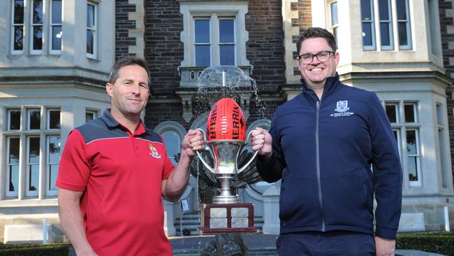 PAC coach Matt Slade (left) with St Peter's coach Sam Elliott before last season’s Intercol matchup. Slade said his side had a lot to learn after their win against Immanuel over the weekend. Picture: Michael Marschall