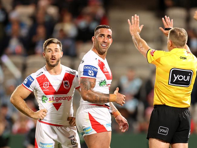 Paul Vaughan of the Dragons is sent to the sin bin by referee Ben Cummins. Picture: Mark Kolbe/Getty Images