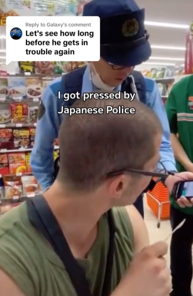 Turan William Salis, who is currently in Japan, was pulled up by an officer for not wearing a shirt in public. Picture: TikTok/shearingshedvlogs