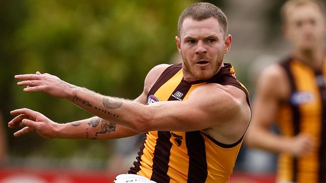 Hawthorn captain James Sicily joked that Blake Hardwick’s pre-season performance against the Western Bulldogs ruined his campaign to return him to the backline. Picture: Michael Willson / Getty Images