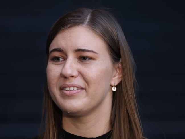SYDNEY, AUSTRALIA - NewsWire Photos APRIL 30, 2021: Brittany Higgins pictured speaking to media after a meeting with Prime Minister Scott Morrison at the Commonwealth Parliamentary Offices in Sydney.Picture: NCA NewsWire / Damian Shaw