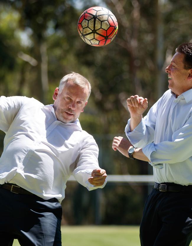 SA Best leader Nick Xenophon (R) announces "digital education consultant" James Sadler as candidate for Hills seat of Morialta. They are pictured at Eastern United’s soccer ground at Athelstone. Picture by Matt Turner