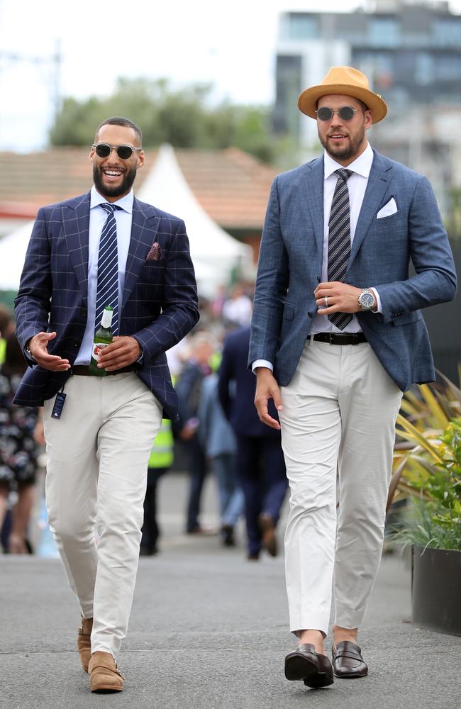 Former Hawthorn premiership teammates Josh Gibson and Lance Franklin go for a stroll. Picture: Alex Coppel.