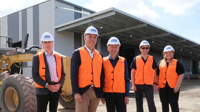 Joe Calabro of Velocity Truck Centres, Deputy Prime Minister Richard Marles, Bisinella Developments founding director Lino Bisinella, chief executive officer Richard Bisinella and Lara MP Ella George outside the facility. Picture: Mark Wilson