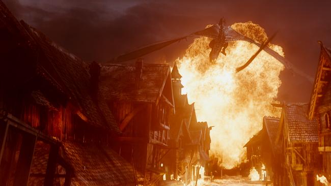 Dragon destruction ... Lake Town cops a blast in The Hobbit: the Battle Of the Five Armies.