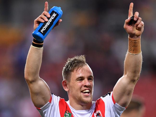 Matthew Dufty of the Dragons is seen celebrating with the fans after winning the Elimination Final between the Brisbane Broncos and the St George-Illawarra Dragons in Week 1 of the NRL Finals Series at Suncorp Stadium in Brisbane, Sunday, September 9, 2018. (AAP Image/Darren England) NO ARCHIVING, EDITORIAL USE ONLY