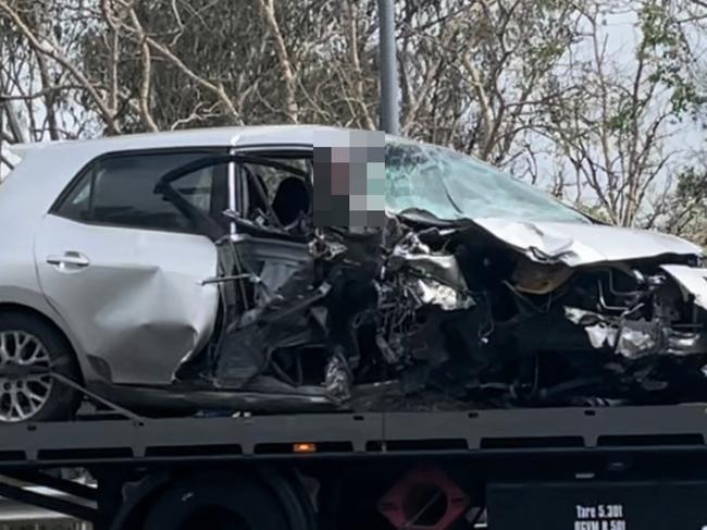 The wreckage from the crash between the motorbike and vehicle on Mackay Eungella Rd at Marina early Sunday, October 29, 2023. Picture: Janessa Ekert