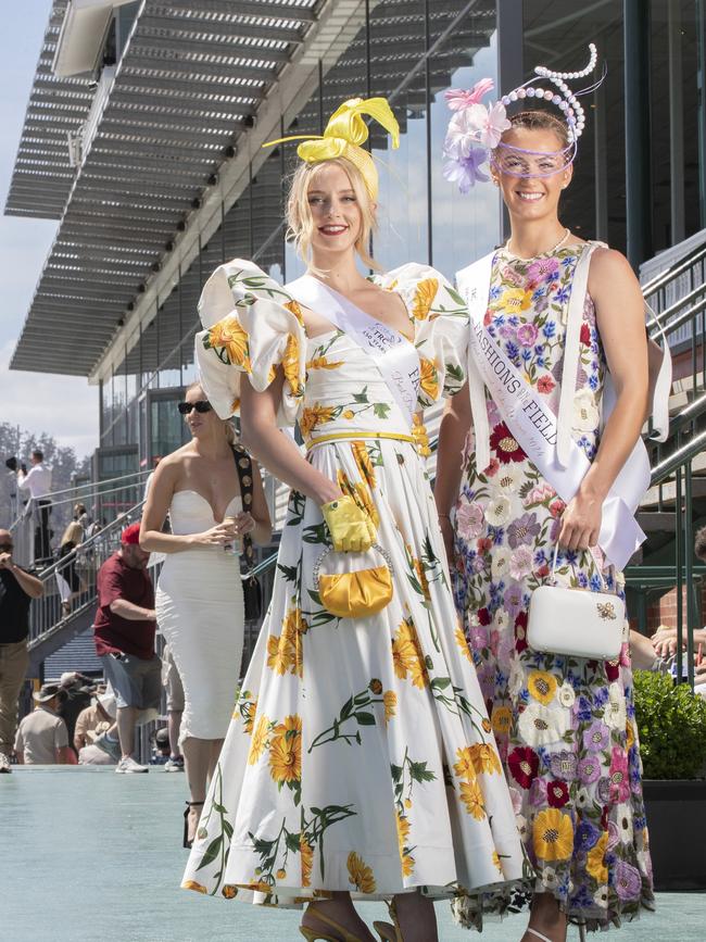 Fashions on the Field at the Hobart Cup, best dressed lady runner up Caitlin Watson and winner Ashley Meaburn. Picture: Chris Kidd