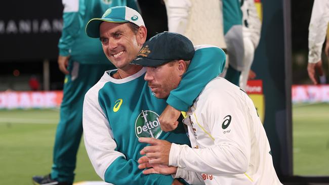 Langer and David Warner celebrating victory in the fifth Ashes Test in Hobart. Picture: Mark Kolbe/Getty Images