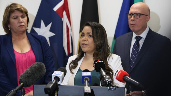 Senator Kerrynne Liddle, senator Jacinta Nampijinpa Price and Liberal leader Peter Dutton in Adelaide on Tuesday. Picture: NCA NewsWire / Emma Brasier