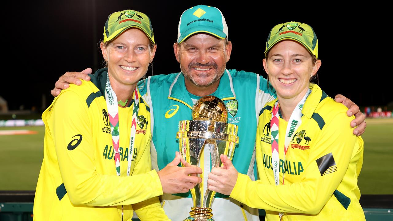 Australia captain Meg Lanning, coach Matthew Mott and Rachael Haynes after winning the 2022 Women's Cricket World Cup final. Picture: Phil Walter-ICC/ICC via Getty Images