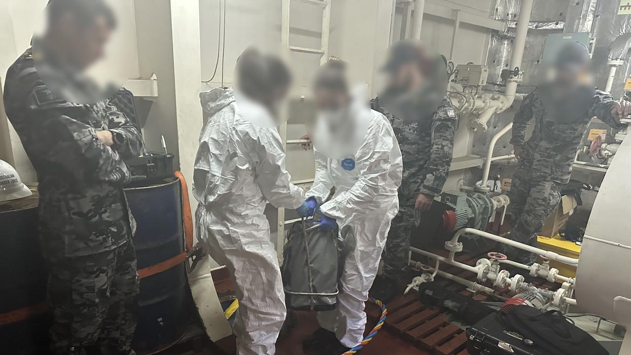 Police charged three men allegedly linked to a transnational serious organised crime syndicate that attempted to smuggle more than 800kg of cocaine into Australia hidden on a bulk cargo carrier. Picture: ABF