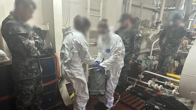 Police charged three men allegedly linked to a transnational serious organised crime syndicate that attempted to smuggle more than 800kg of cocaine into Australia hidden on a bulk cargo carrier. Picture: ABF