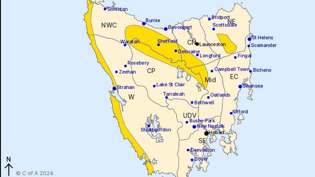 Damaging winds are expected in parts of Tasmania. Picture: Bureau of Meteorology