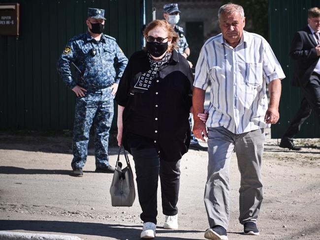 Navalny’s parents, Anatoly and Lyudmila, leave the IK-6 penal colony where he had previously been held. Picture: AFP