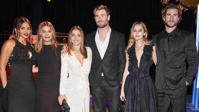 The star-studded group (l to r): Luciana Barroso, Lauren Phillips, Elsa Pataky, Chris Hemsworth, Gabriella Brooks and Liam Hemsworth. Picture: Supplied