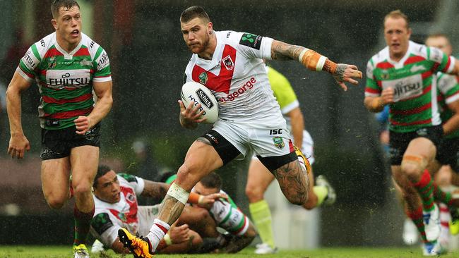 St George's Josh Dugan makes a break during the South Sydney v St George rugby league game at the SCG. Pic Brett Costello