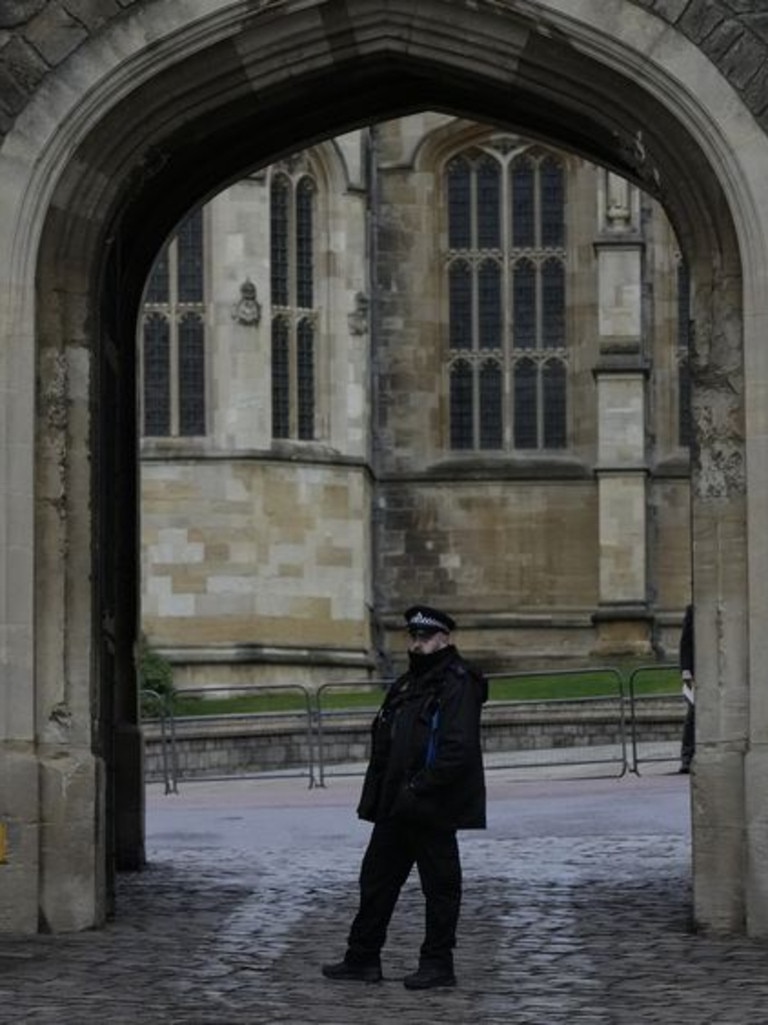 Police guard the Henry VIII gate at Windsor Castle at Windsor, England on Christmas Day 2021 as Jaswant Singh Chail allegedly scaled the walls. Picture: AP