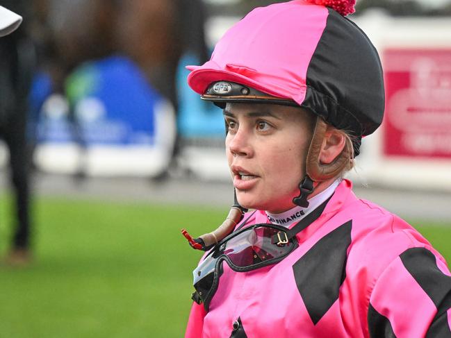 Winona Costin after Cat Noir won the Mapien Stakes 0-64 Handicap at Geelong Racecourse on April 24, 2024 in Geelong, Australia. (Reg Ryan/Racing Photos via Getty Images)