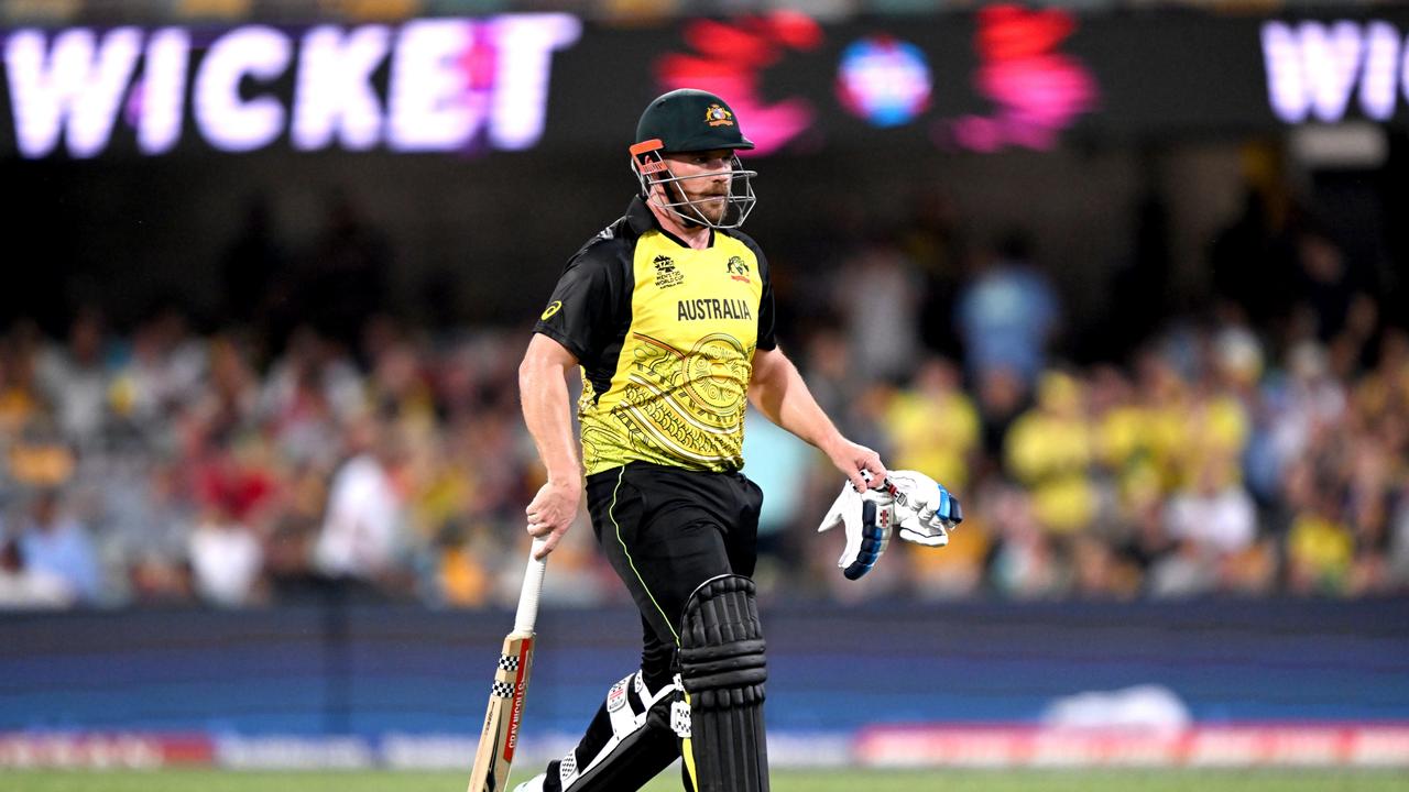 Hamstrung? Aaron Finch looked dejected walking off after losing his wicket, before it was revealed he was perhaps carrying an injury. Picture: Gett