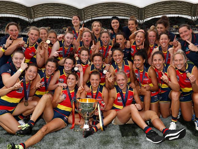 Can they go back-to-back? The Crows after their grand final win at Adelaide Oval in March last year. Picture: Michael Willson/AFL Photos