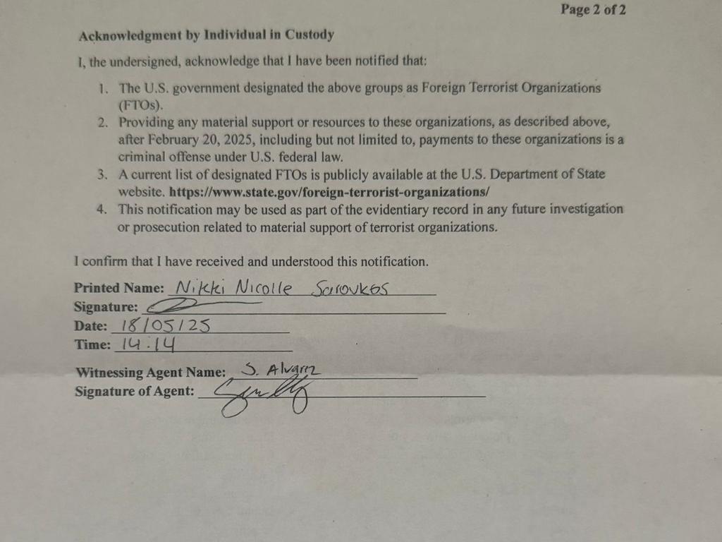 Nikki was forced to sign documents (above) indicating that she had no gang affiliations. Picture: Supplied