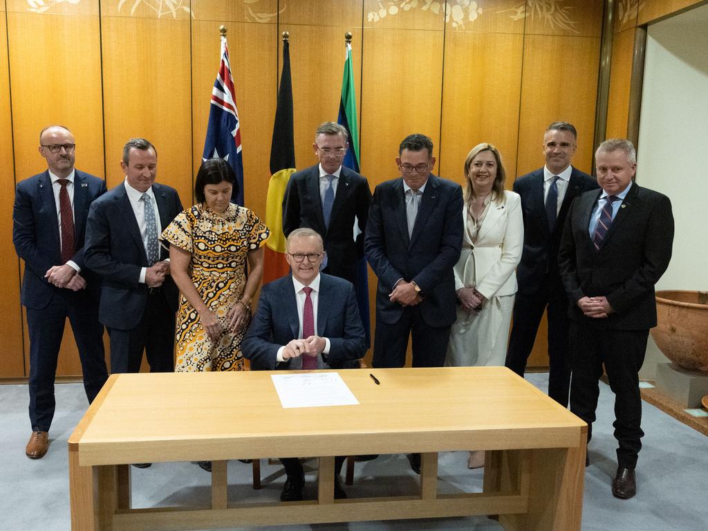 Anthony Albanese and the leaders of the six states and territories have all signed a bipartisan statement of intent to support the Voice. Picture: NCA NewsWire / Gary Ramage