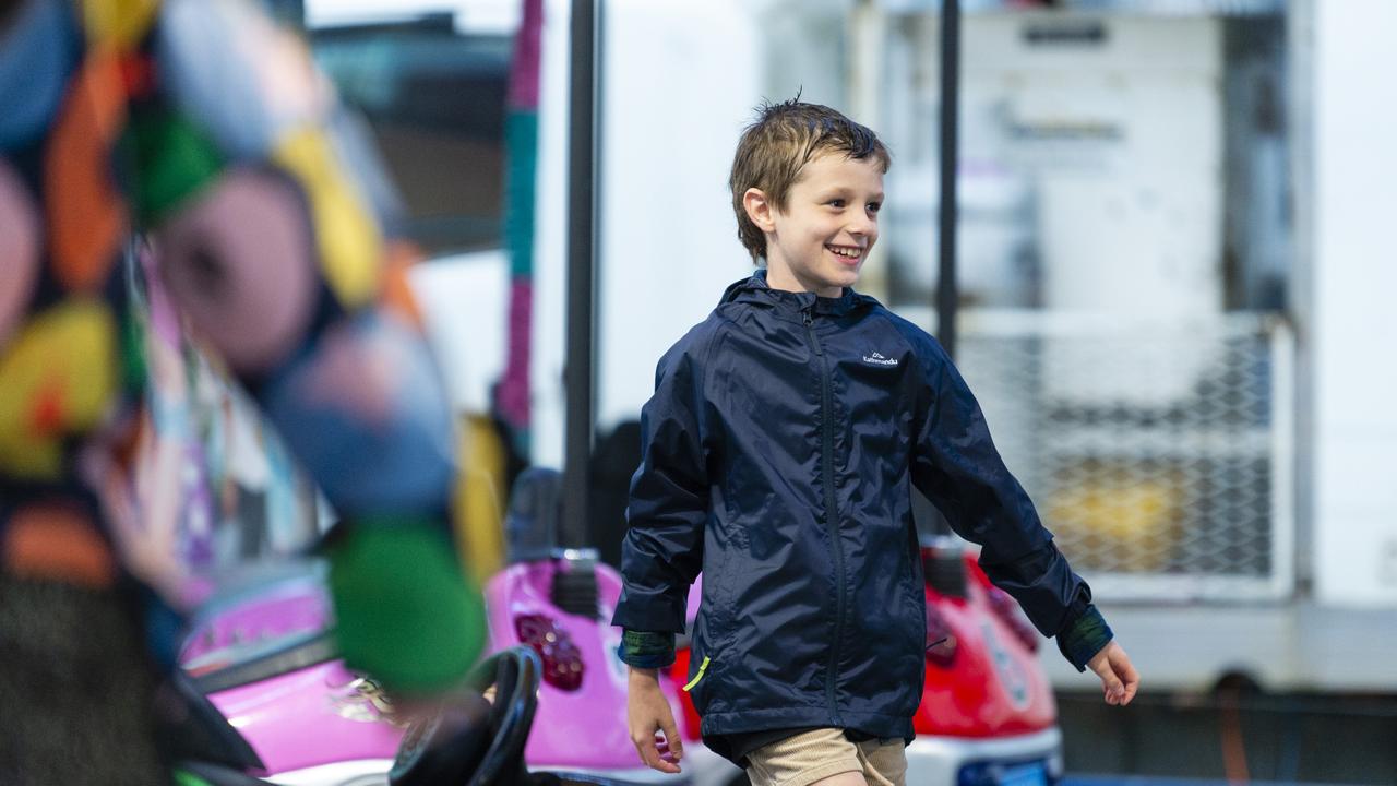 Archie Wells reacts after riding the dodgem cars at the 2022 Toowoomba Royal Show, Saturday, March 26, 2022. Picture: Kevin Farmer