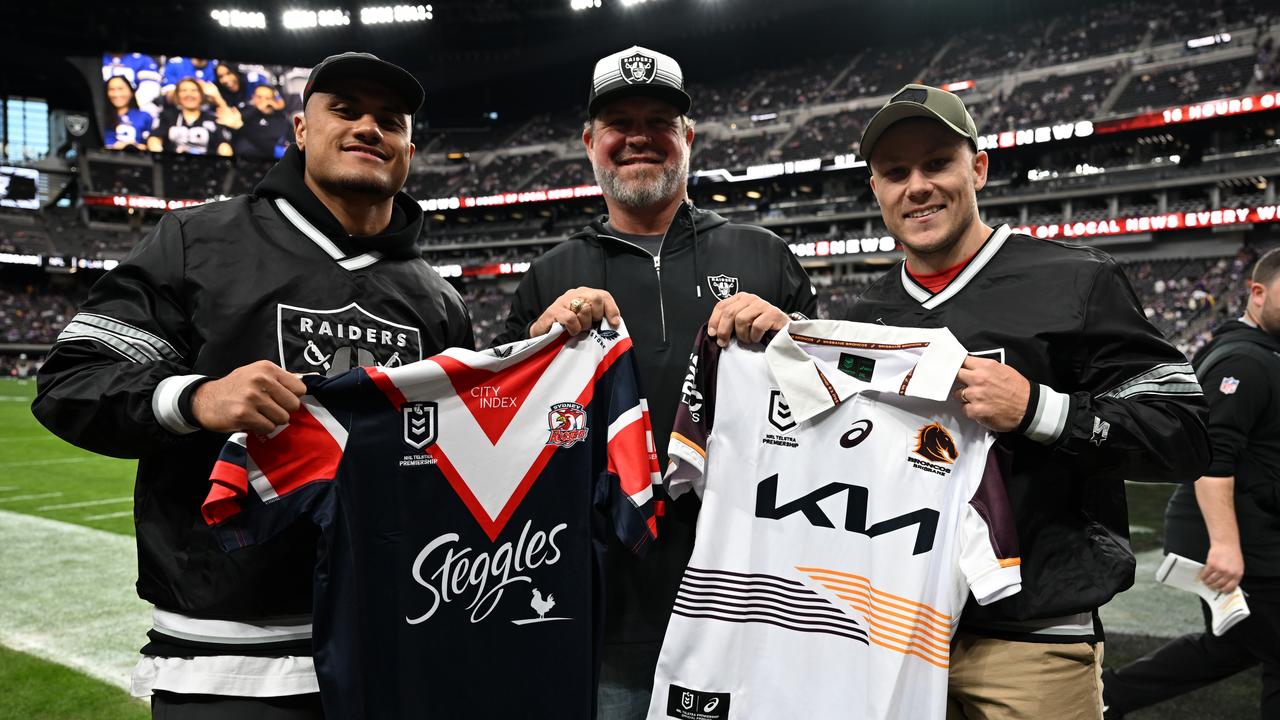 Spencer Leniu (left) and Billy Walters (right) in Las Vegas to promote NRL. Picture: Grant Trouville