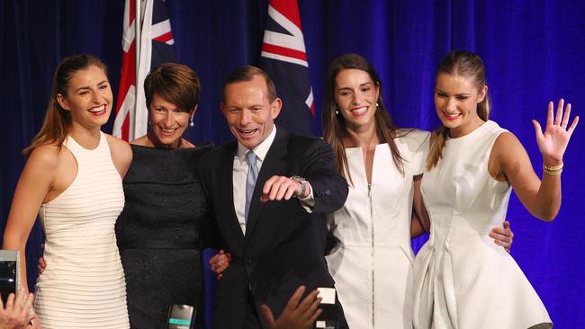 Tony Abbott flanked by his family, from left, daughter Frances, wife Margie, daughters Louise and Bridget, at his election victory party in September 7, 2013, in Sydney. Picture: Getty Images