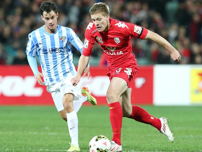 Ryan Kitto in action for Adelaide United against Malaga at Adelaide Oval last year. Picture: Sarah Reed.