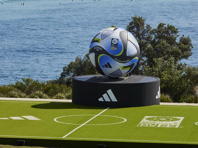 A four-metre replica of the Adidas ball to be used at this year’s World Cup was unveiled at a coastal launch in Sydney on Tuesday. Picture: adidas