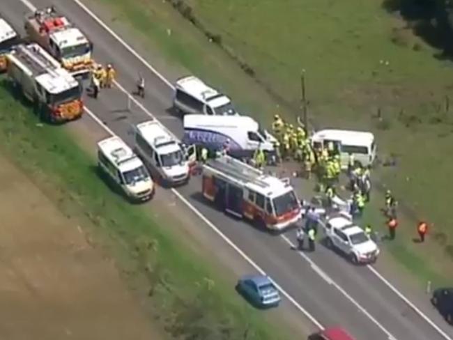 The scene in Kemps Creek yesterday where two vans collided. Picture: Seven News