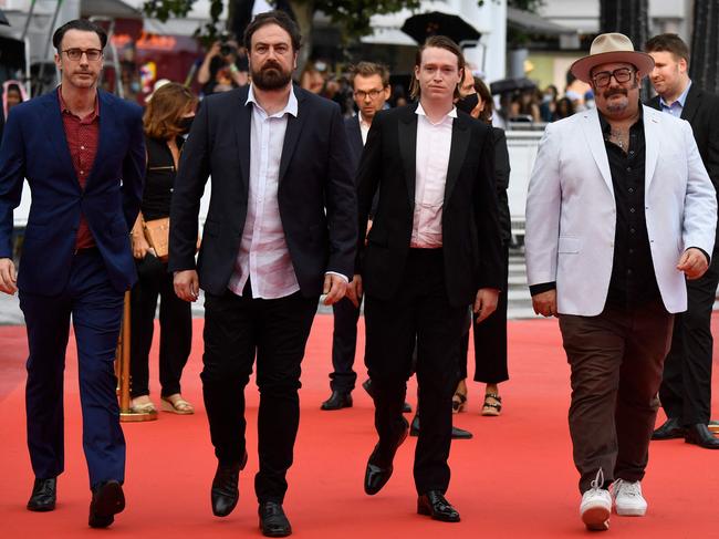 Nitram screenwriter Shaun Grant, director Justin Kurzel, actor Caleb Landry Jones and producer Nick Batzias at Cannes. Picture: Christophe Simon / AFP