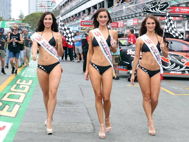GC600 at Surfers Paradise. Winners of Miss Supercars Gold Coast. 1st Charlotte Cushing (Gold Coast), 1st runner up Saeran Tanton (Townsville) and 2nd runner up Rebecca Martens (Toowoomba). Picture: Richard Gosling