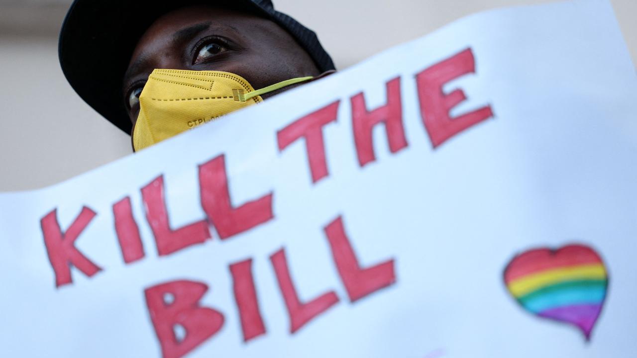 People gather with placards outside the Ghana High Commission in London on March 6, 2024, to protest against Ghana's anti-LGBTQ+ bill. Picture: Adrian Dennis/AFP