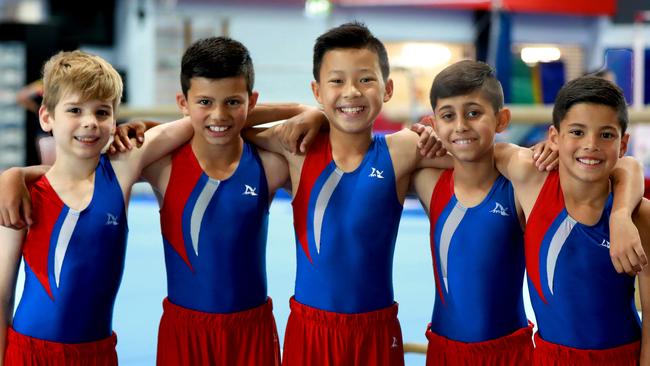 Gymnasts Owen Hecimovic, 9, Cooper Du Sart, 10, Jobey Mok, 10, Anoop Singh, 9, and Flynn Wilson, 8. Pic: Angelo Velardo