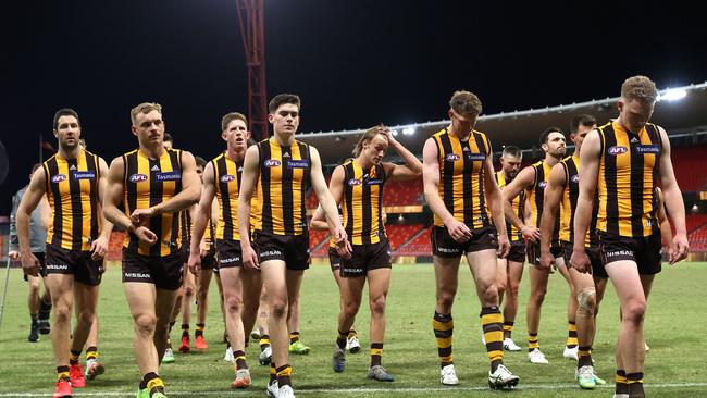 Dejected Hawks leave the field after losing AFL match between the Hawthorn Hawks and Melbourne Demons at Giants Stadium, Sydney. Picture. Phil Hillyard