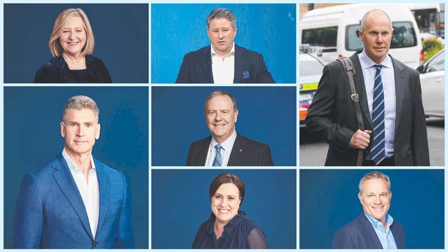 Clockwise from top left: Outgoing Nine comms chief Victoria Buchan, former CEO Mike Sneesby, ex-news boss Darren Wick, CEO Matt Stanton, news director Fiona Dear, director of TV Michael Healy and ex-chair Peter Costello (centre).