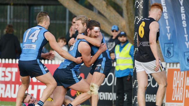 Sturt's Joshua Patullo celebrates after kicking the winning goal. Picture: AAP/Brenton Edwards.