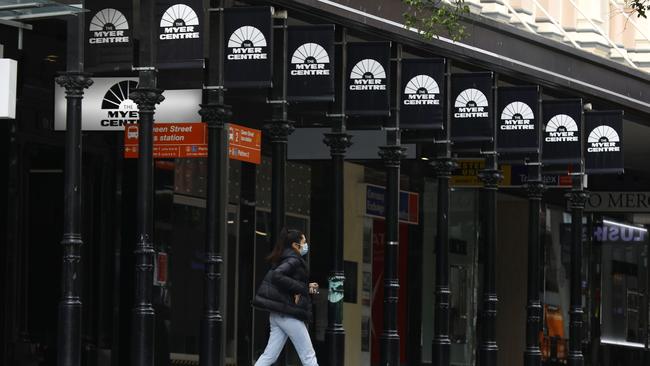 The Brisbane CBD was deserted after a 24 hour lockdown extension was imposed in parts of Queensland. Pictured are pedestrians in the Queen Street Mall. Picture: NCA NewsWire/Tertius Pickard