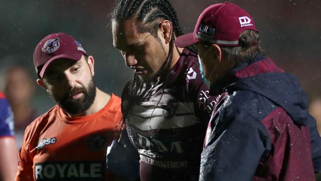 SYDNEY, AUSTRALIA - AUGUST 07: Martin Taupau of the Sea Eagles is taken off injured during the round 13 NRL match between the Manly Sea Eagles and the New Zealand Warriors at Lottoland on August 07, 2020 in Sydney, Australia. (Photo by Cameron Spencer/Getty Images)