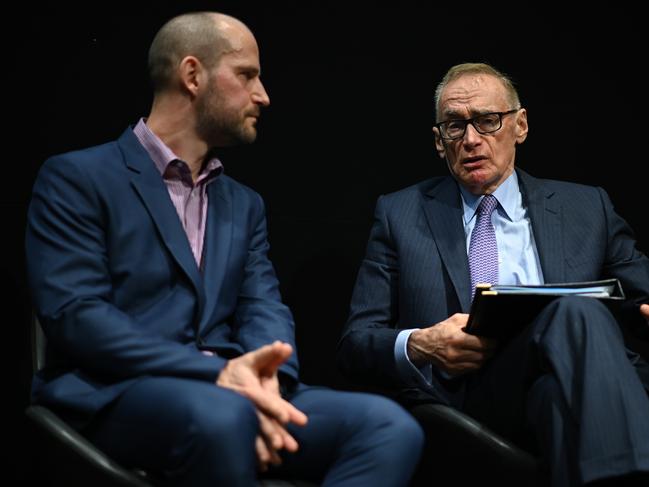 Former NSW Premier and Foreign Minister of Australia Bob Carr (right) and economist with Leith van Onselen both criticised Mark Speakman’s call for more population growth. Picture: AAP Image