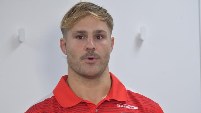 Dragons NRL player Jack De Belin during a media conference today, 2.3.2022. Picture James Corman