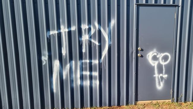 Vandals left graffiti on the shed they broke into. Picture: University Bulls Cricket Club.